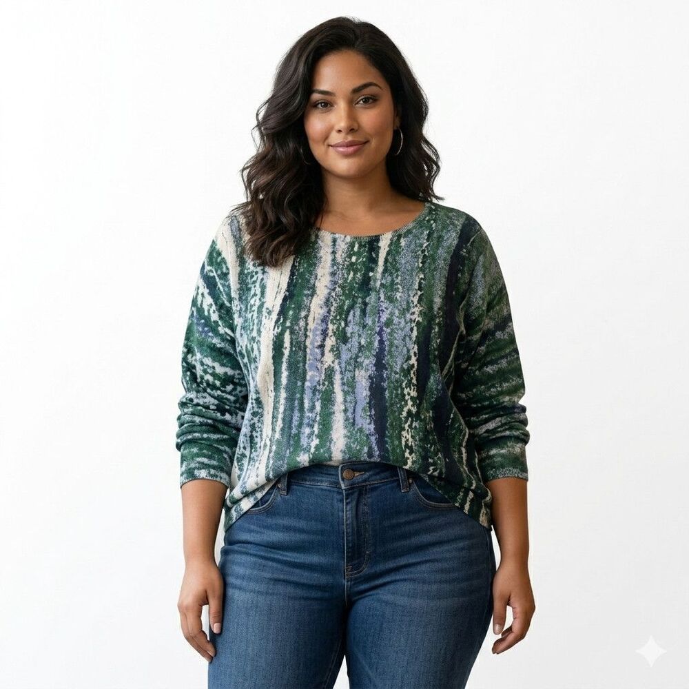 Chicos Sweater Womens XL Green Stripe Print Crew Neck Long Sleeve Knit Pullover